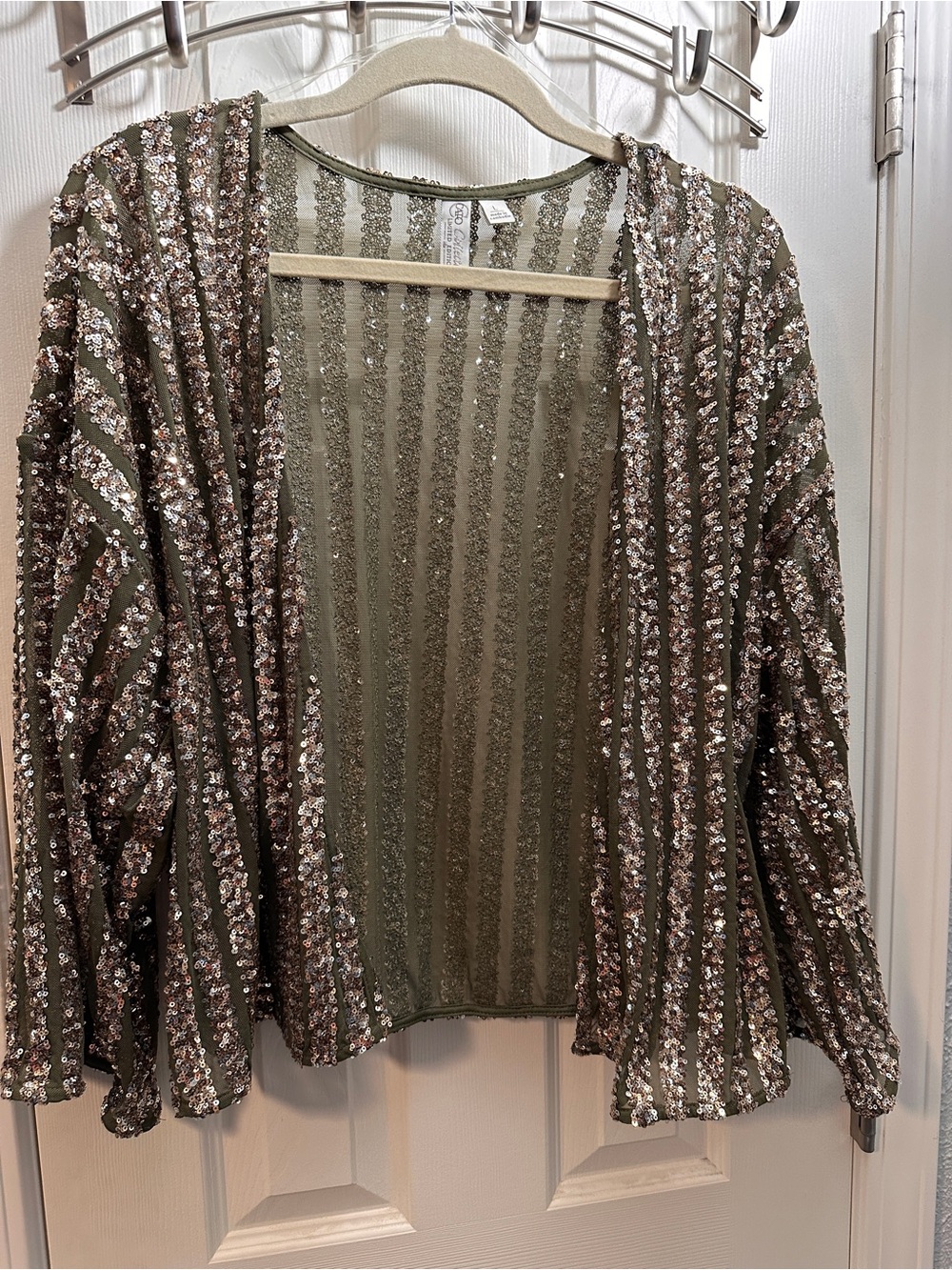Cato Olive Green Sequin Open-Front Women’s Cardigan